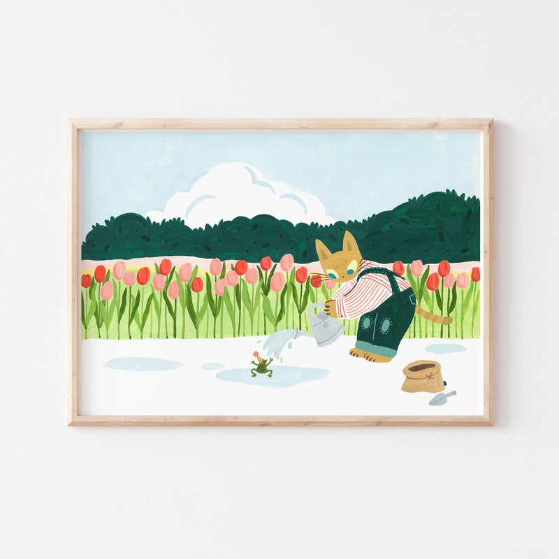 Meeting the Little Frog in the Tulip Field I Print Decorative Painting - โปสเตอร์ - กระดาษ สีเขียว