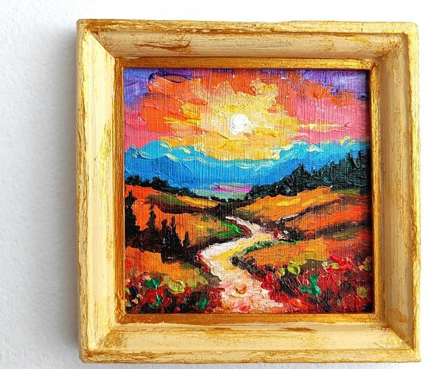 鮮やかな風景画 オリジナル油絵 道路 夕日 8 x 8 cm - ショップ