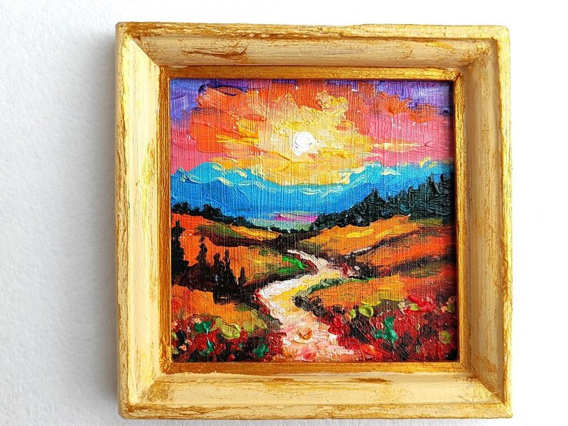 Vivid landscape painting original oil art road sunset 8 by 8 cm - โปสเตอร์ - วัสดุอื่นๆ หลากหลายสี