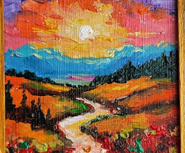 鮮やかな風景画 オリジナル油絵 道路 夕日 8 x 8 cm - ショップ