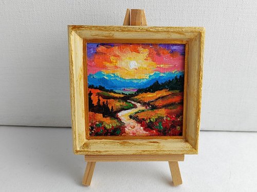 鮮やかな風景画 オリジナル油絵 道路 夕日 8 x 8 cm - ショップ AlbinaBeadArt ポスター・絵 - Pinkoi