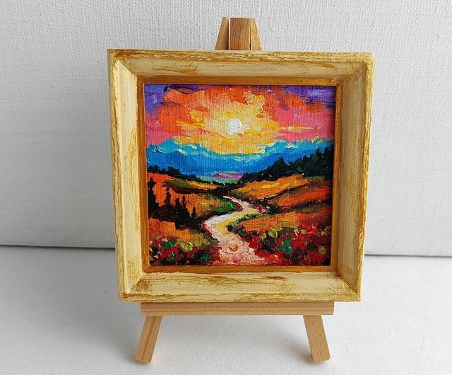 鮮やかな風景画 オリジナル油絵 道路 夕日 8 x 8 cm - ショップ AlbinaBeadArt ポスター・絵 - Pinkoi