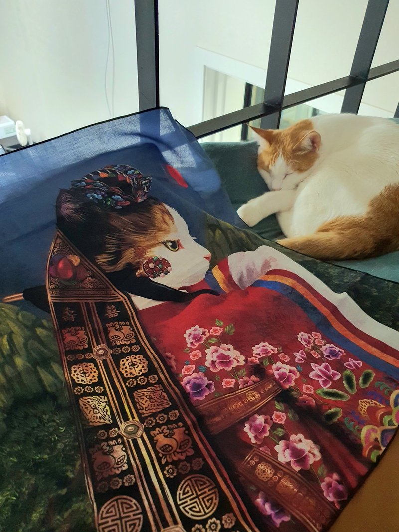 cat korea illustration handkerchief, hankie - 手帕 - 棉．麻 紅色