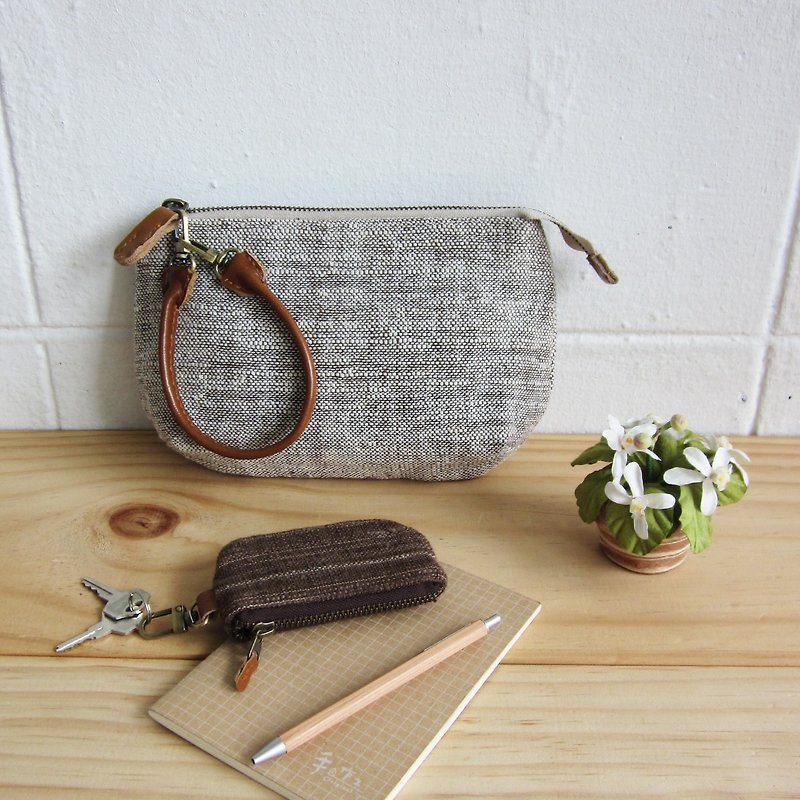 Multi Purpose Pouch with Leather Strap Botanical Dyed Cotton Natural-Brown Color - Toiletry Bags & Pouches - Cotton & Hemp Brown