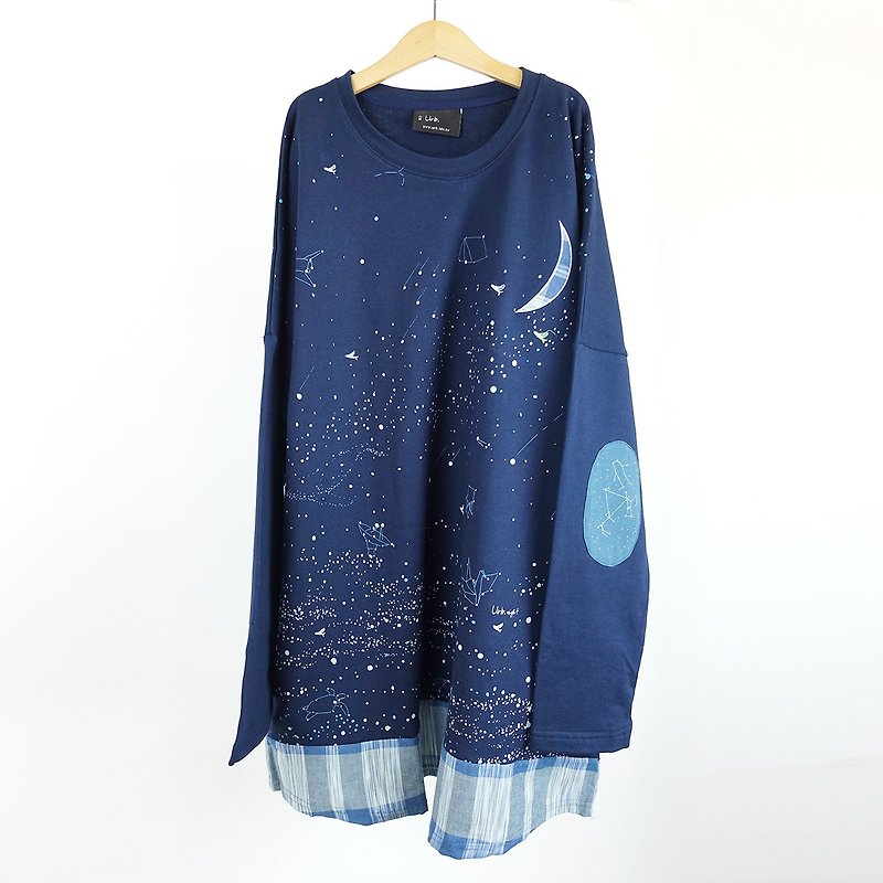 Urb. Blue Moon Sea Long Sleeve Pocket Dress - ชุดเดรส - ผ้าฝ้าย/ผ้าลินิน สีน้ำเงิน