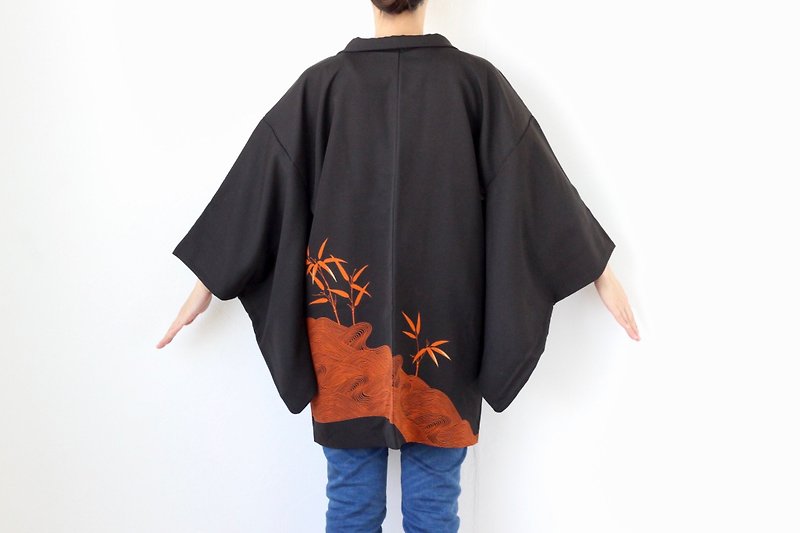 bamboo kimono, Japanese fashion, traditional kimono, authentic kimono /3951 - ジャケット - シルク・絹 ブラック
