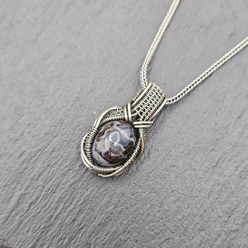 Pietersite Wire Wrapped Pendant , Silver , Oxidized - Necklaces - Sterling Silver Blue