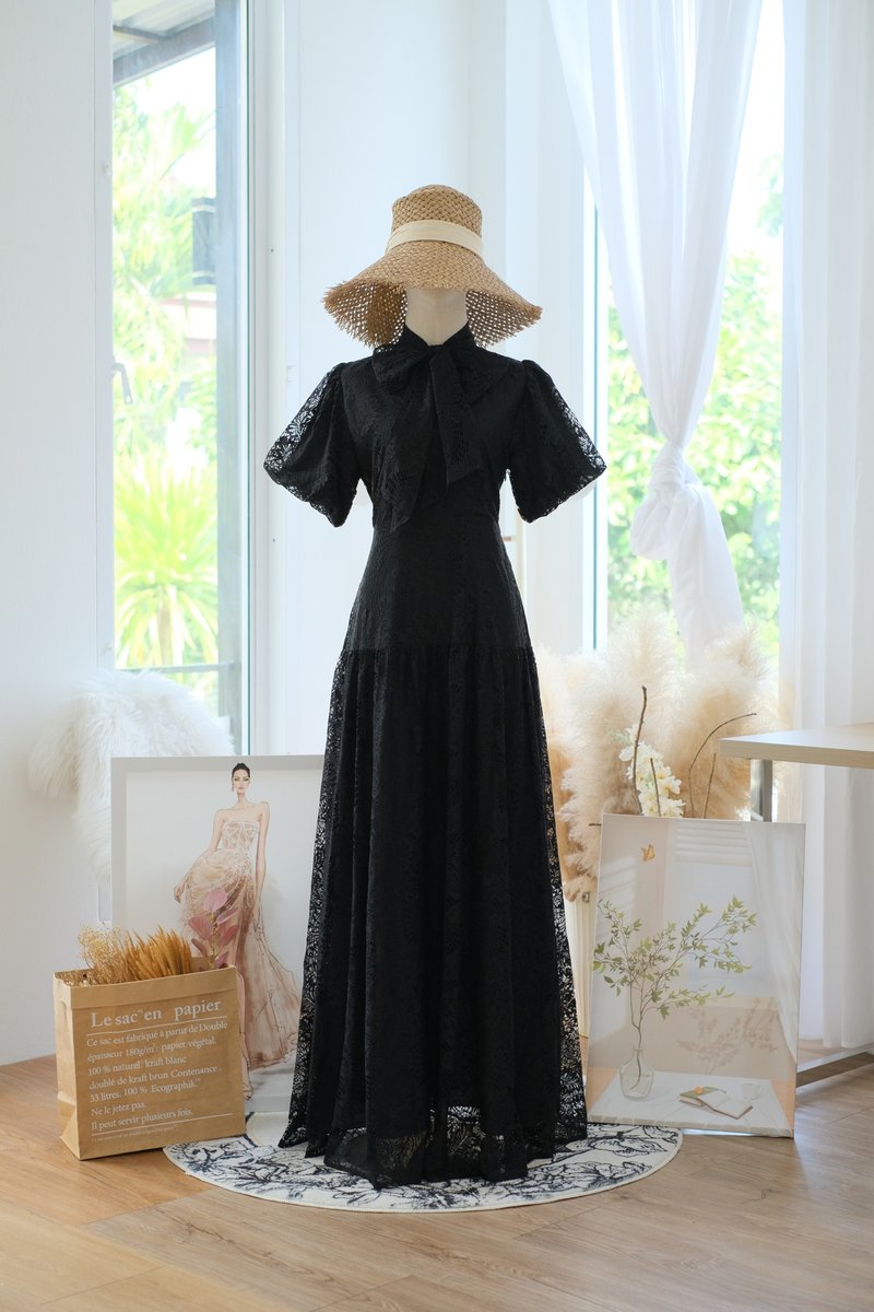 Black lace bridesmaid dress Wedding dress Dolly sleeve bow dress maxi dress - One Piece Dresses - Polyester Black