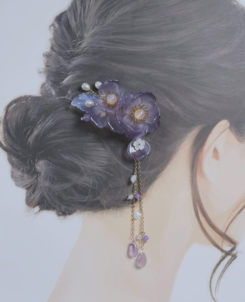 琉璃 髮飾 紫色 - 檸檬手作髮飾   紫芍藥髮釵/髮夾  (兩色/流蘇可拆)