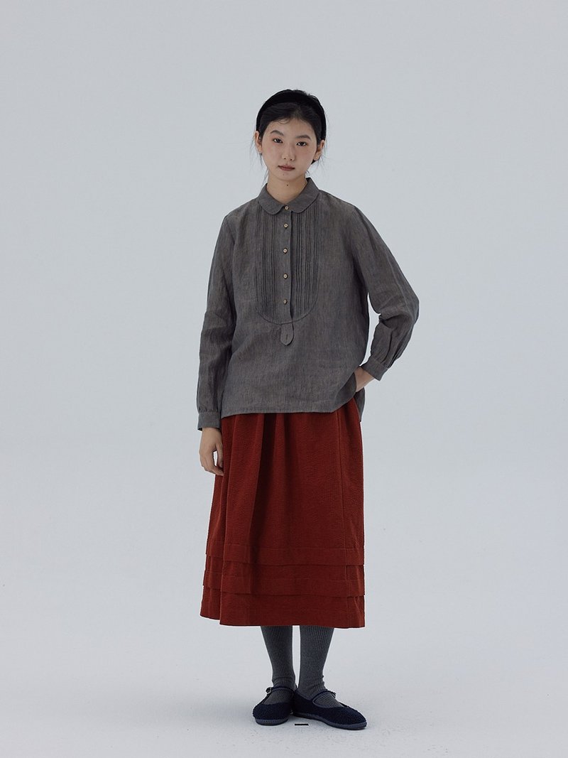 Washed Yarn Dyed Linen Grey Long Sleeve Tucker Crew Neck Shirt - เสื้อผู้หญิง - ผ้าฝ้าย/ผ้าลินิน 