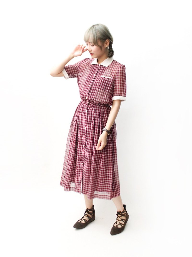 【RE0614D1209】 early summer retro sweet and lovely lattice red short-sleeved ancient dress - ชุดเดรส - เส้นใยสังเคราะห์ สีแดง