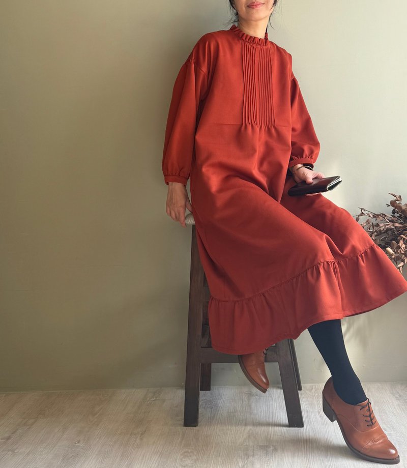 Old Love, New Love/Accordion Fold Classic Lotus Leaf Collar + Lotus Leaf Hem Brick Red Long Sleeve Suit Wool Dress - One Piece Dresses - Wool 