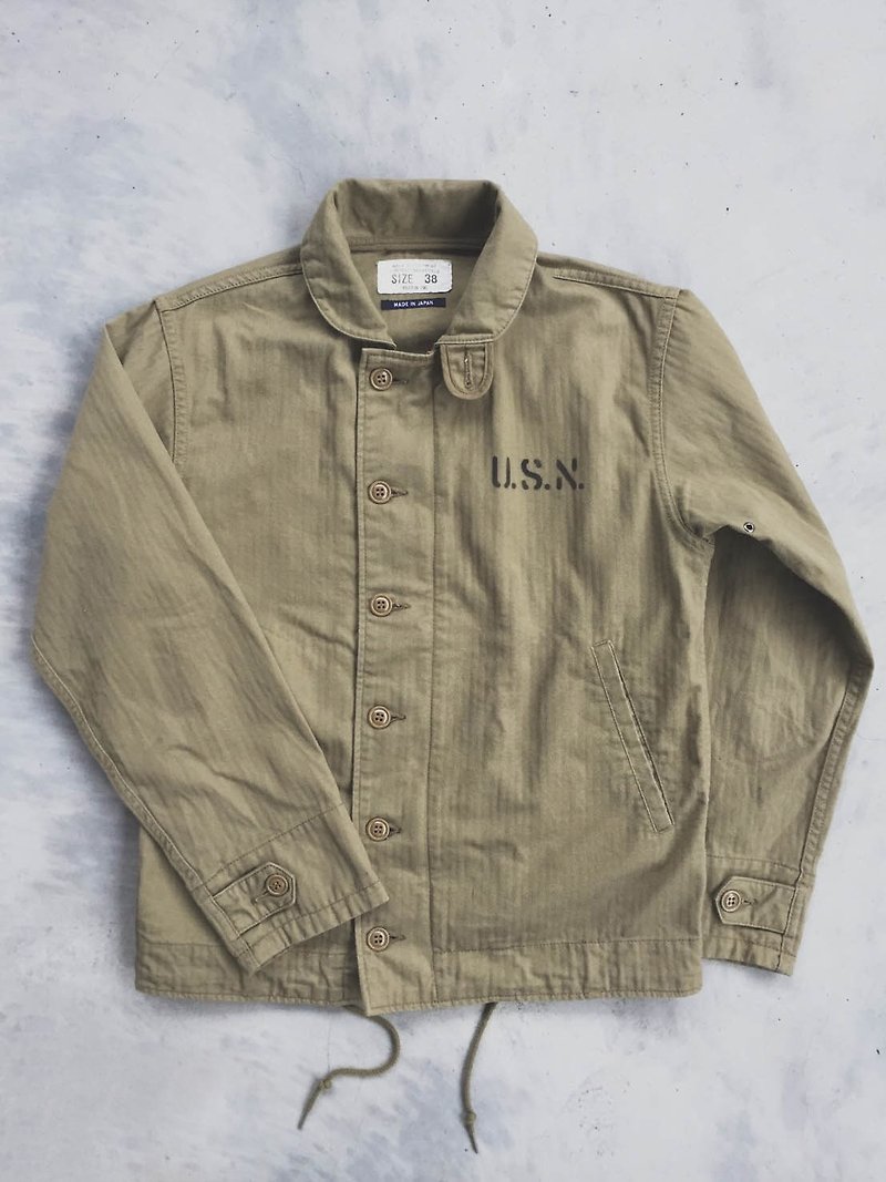 HOUSTON INC /USN N-1 deck jacket / Thin shirt jacket / deck coat - เสื้อโค้ทผู้ชาย - ผ้าฝ้าย/ผ้าลินิน สีกากี