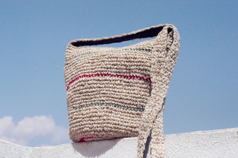 Limited hand hand-woven cotton thread hook-side backpack / shoulder bag / hand bag / oblique bag / woven bag / hook bag / linen bag / cylinder bag - original summer fine red and green stripes - Messenger Bags & Sling Bags - Cotton & Hemp Multicolor