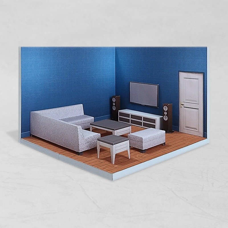 RoomBox - Living Room #001 - DIY dollhouse paper craft - Wood, Bamboo & Paper - Paper Blue