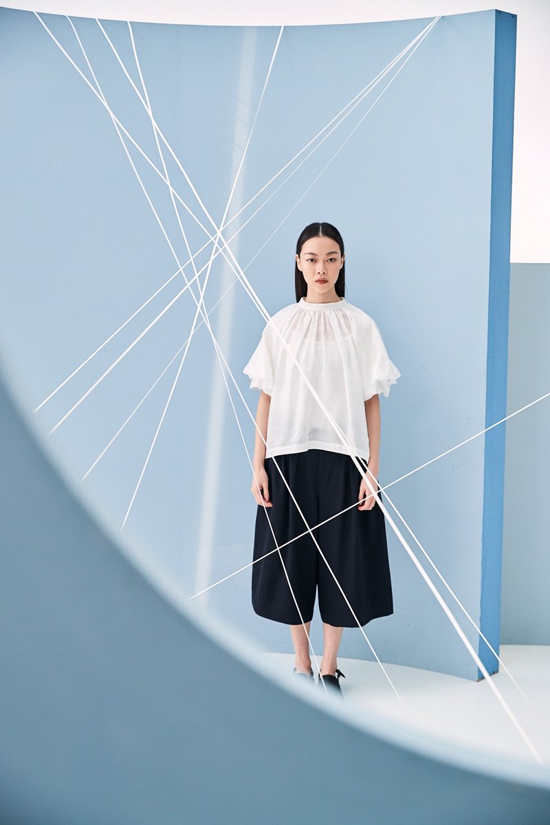 Gathered Puffed Sleeve Top - Women's Tops - Polyester White