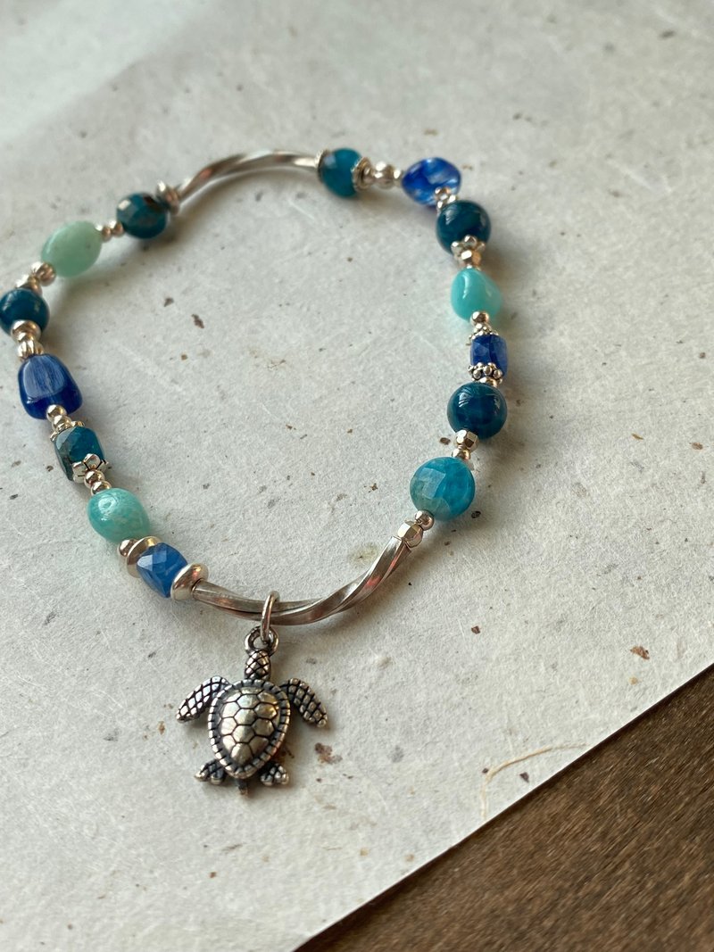 Turtles in the ocean amazonite Stone phosphorite blue crystal natural stone sterling silver bracelet - Bracelets - Sterling Silver Blue