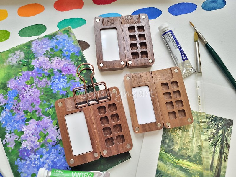 Wooden watercolor palette 8 wells, portable wooden palette, tiny palette - วาดภาพ/ศิลปะการเขียน - ไม้ สีนำ้ตาล