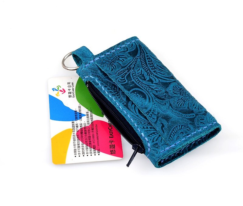 [U6.JP6 Handmade Leather Goods]-Handmade leather stitched blue-green card coin purse (for men and women) - Coin Purses - Genuine Leather 