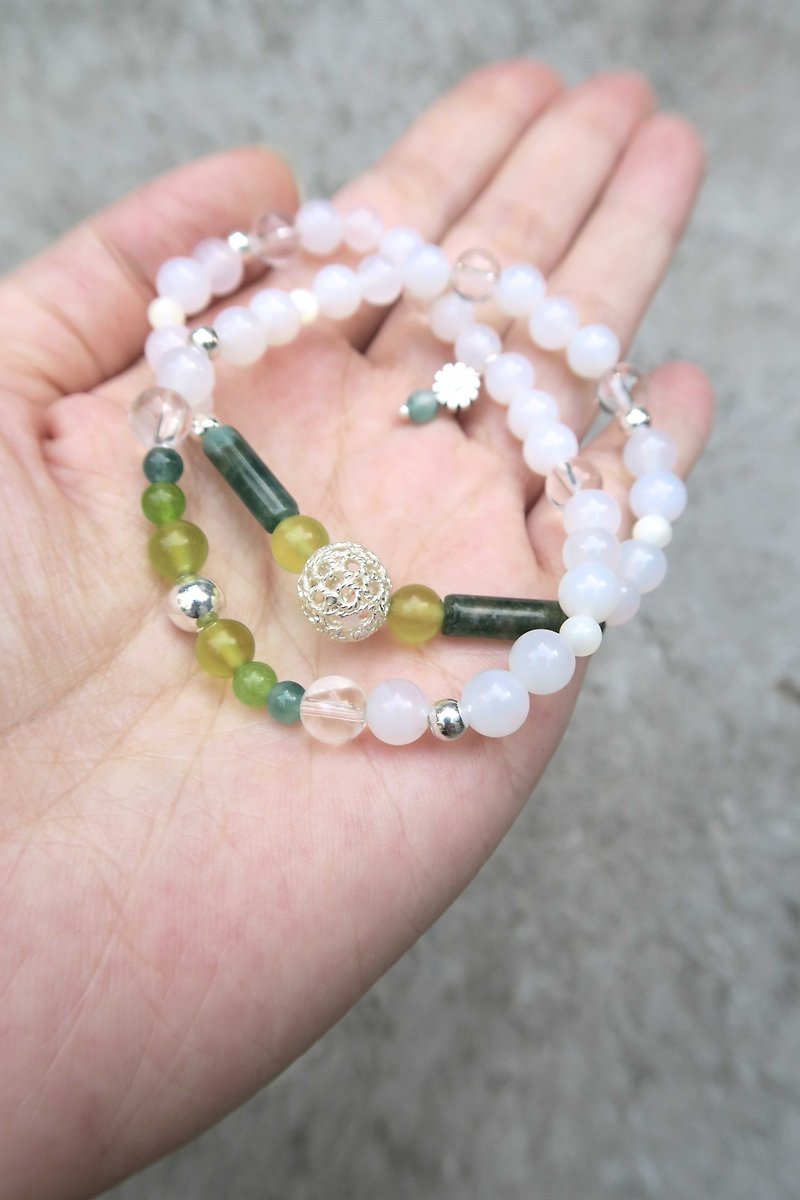 [Spirituality] Little handballs 925 sterling silver beads / white agate / olivine / moss agate / white crystal / shellfish • two rings bracelet gift - Bracelets - Gemstone Green