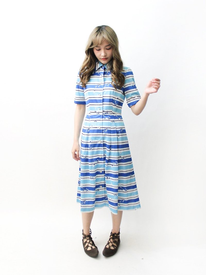 【RE0503D1136】復古甜美水藍色印花條紋短袖春夏古著洋裝 - 連身裙 - 聚酯纖維 藍色