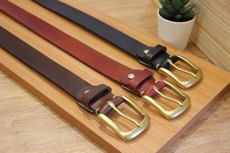 [Mini5] Square matte head belt (brown) / hand-dyed vegetable tanned leather 3.2cm wide belt - เข็มขัด - หนังแท้ 