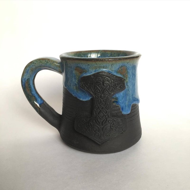 Thor Hammer Mjolnir black and blue dripping stoneware mug - แก้วมัค/แก้วกาแฟ - ดินเผา สีน้ำเงิน