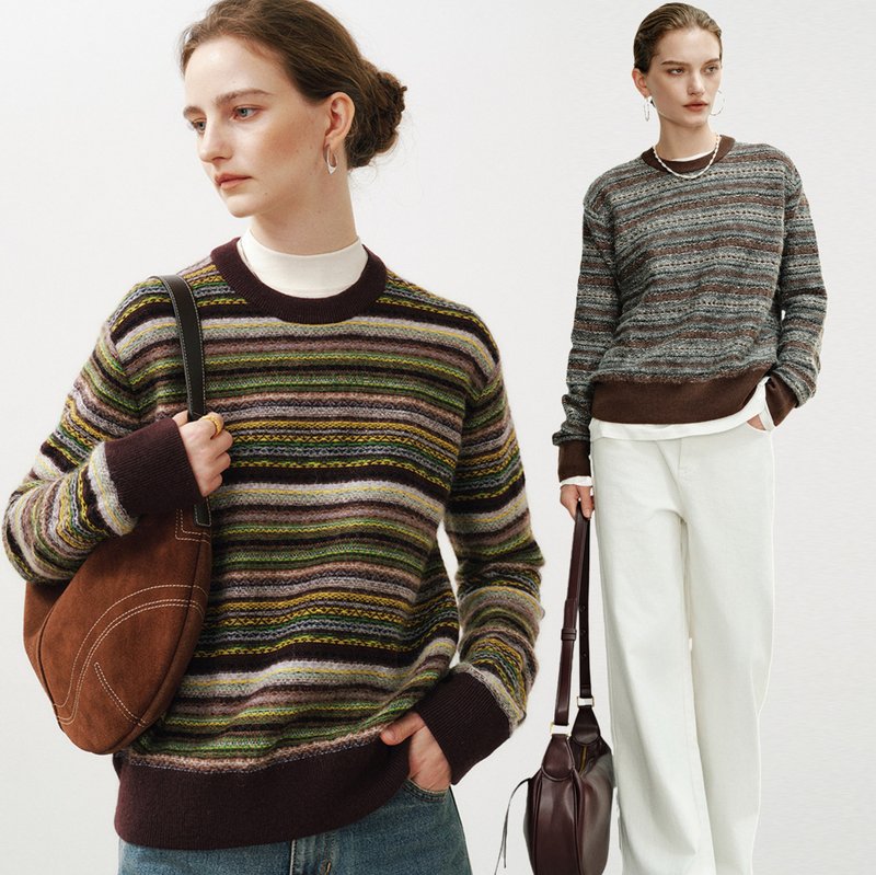 Triple Velvet Sensation: French Minimalism / Fair Isle Colorblock Raised Thread Jacquard Sweater / Soft Knitwear - Women's Tops - Other Materials Brown