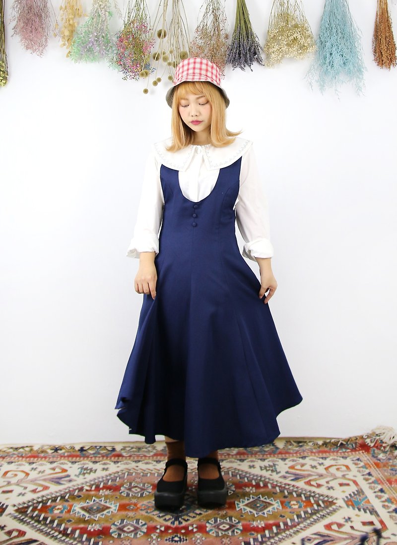 Back to Green:: U-neck dark blue round dress vintage dress (DS-05) - One Piece Dresses - Other Man-Made Fibers 