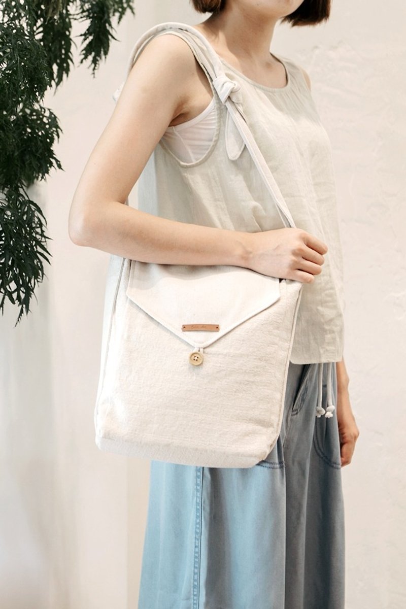 Lohas Simple Side Backpack Firendly Easy Shoulder Bag - กระเป๋าแมสเซนเจอร์ - ผ้าฝ้าย/ผ้าลินิน ขาว
