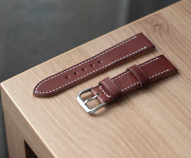 Dark brown classic tapered leather watch strap, veg tanned, full