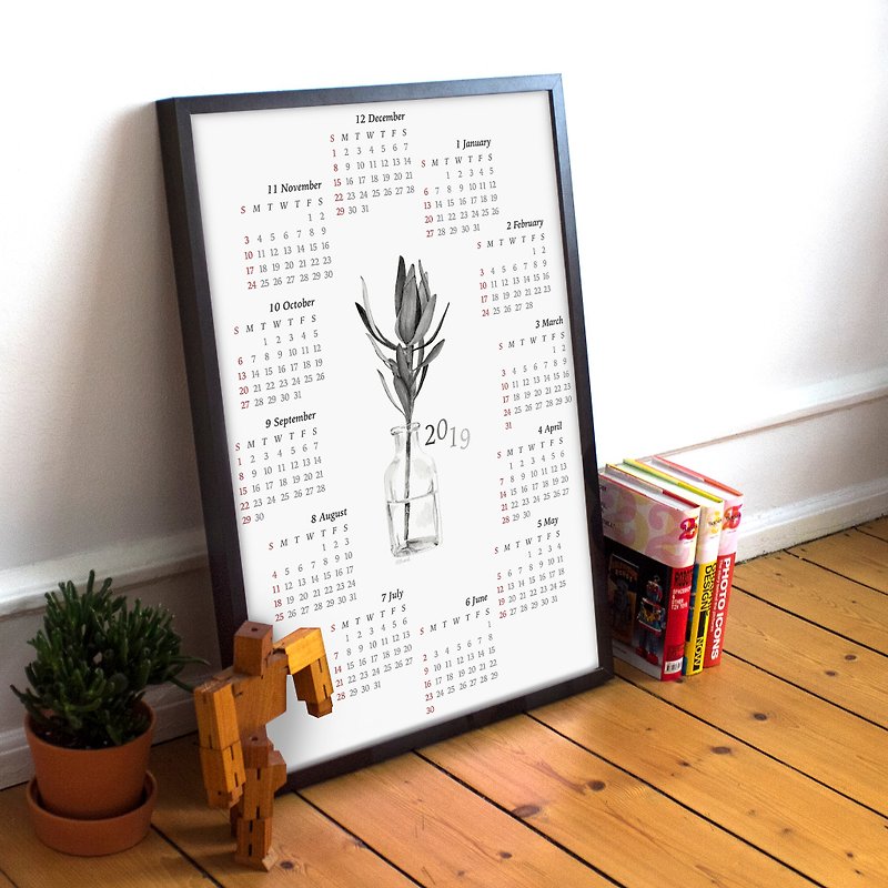 2019年簡約黑白植物年曆海報 // 月曆海報 - 年曆/桌曆 - 紙 黑色
