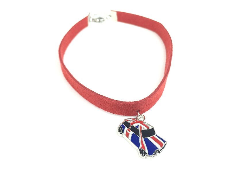 British style red suede car Necklace (wide version) - สร้อยคอ - หนังแท้ สีแดง