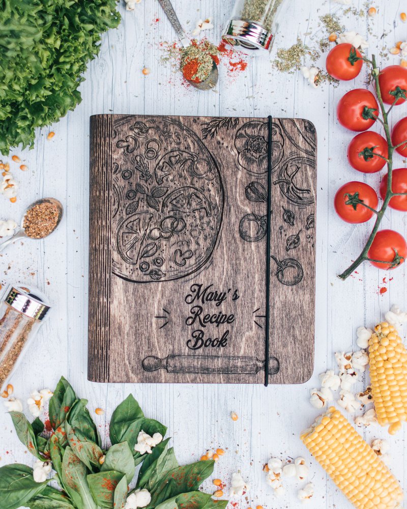 Wood Cookbook Custom Recipe Binder Journal Personalized Book Birthday Gift - 書衣/書套 - 木頭 