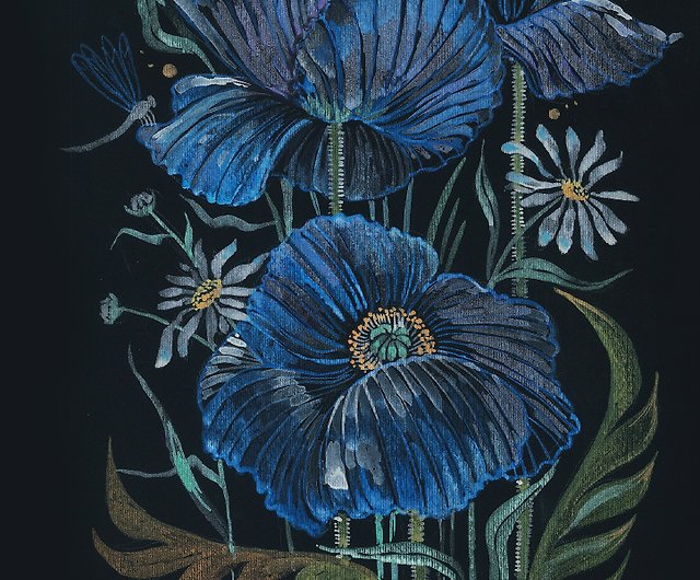Original watercolor painting White poppies flowers on black paper