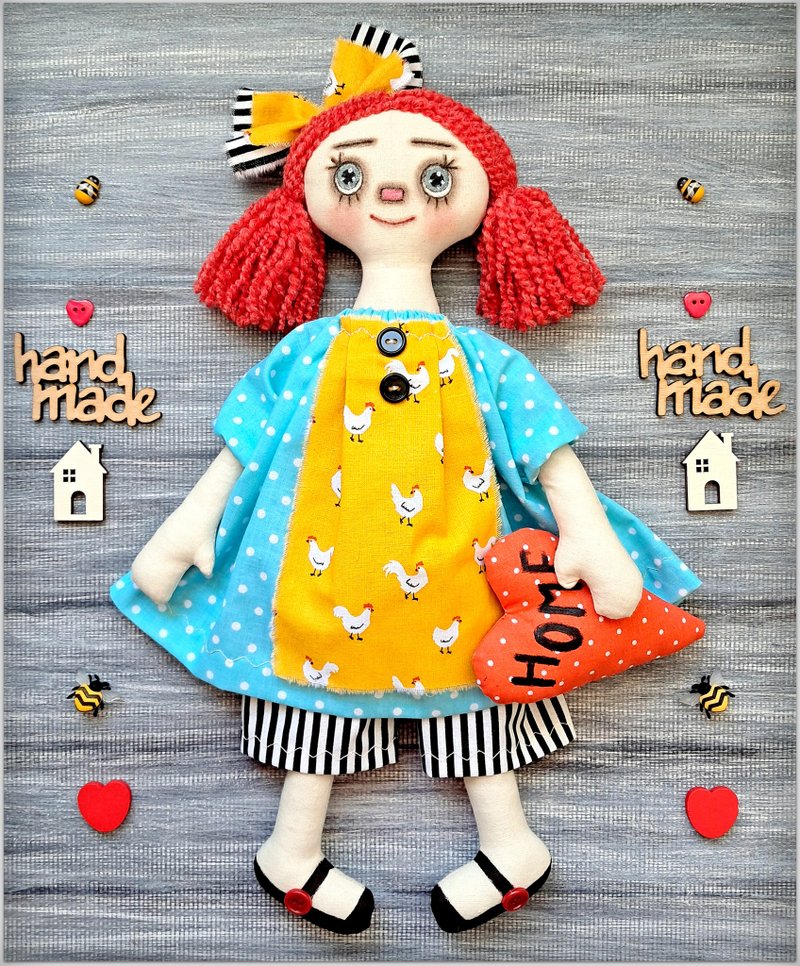Raggedy Doll Kathy ,cloth doll ,Primitive fabric soft doll, rag doll, handmade - 公仔/玩偶 - 棉．麻 多色