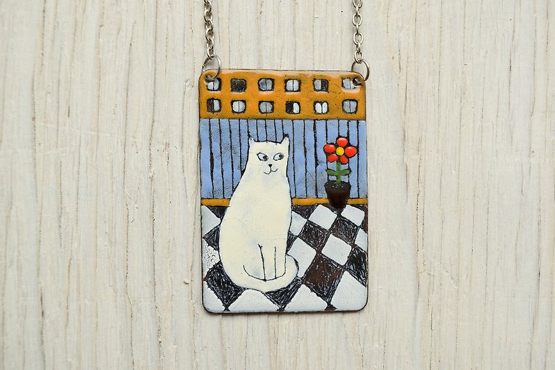 Home Sweet Home,Balcony, Flower In Pot, Cat Necklace, Enamel Necklace, White Cat - 項鍊 - 琺瑯 