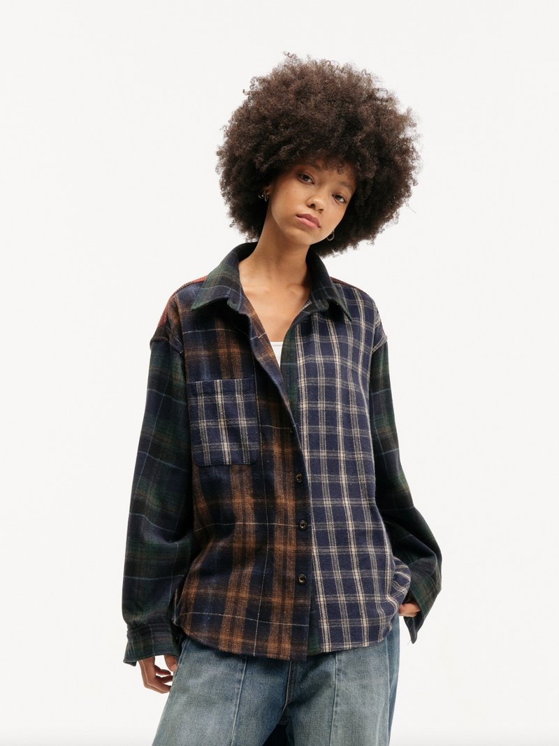 日系復古 / 拼接格子襯衫 - 女襯衫 - 其他材質 藍色