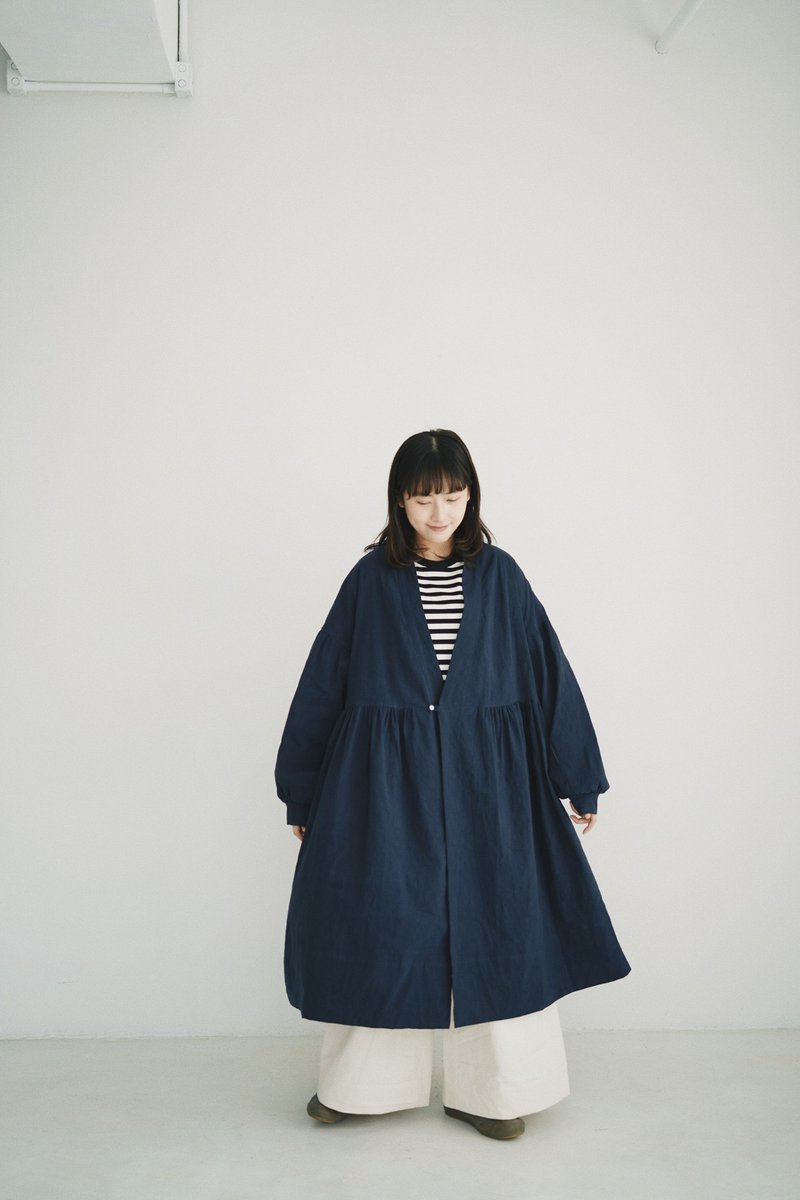 Linen long sleeve dress-blue - ชุดเดรส - ผ้าฝ้าย/ผ้าลินิน สีน้ำเงิน