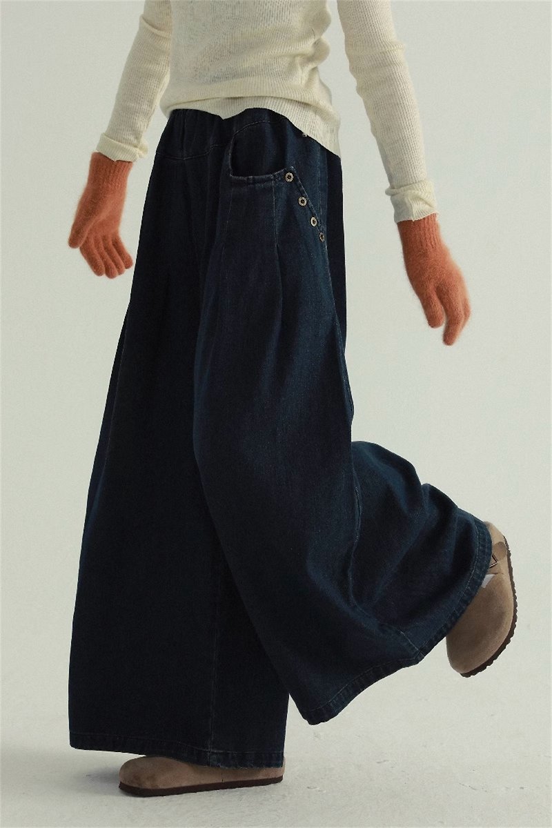 Washed dark blue Japanese loose jeans casual drapey wide-leg floor-length pants autumn and winter wide pants L-XL - Women's Pants - Cotton & Hemp Blue