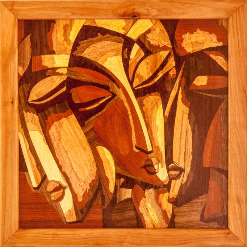 Love triangle wood mosaic marquetry inlay panel boho framed home wall decor wall - 壁貼/牆壁裝飾 - 木頭 橘色