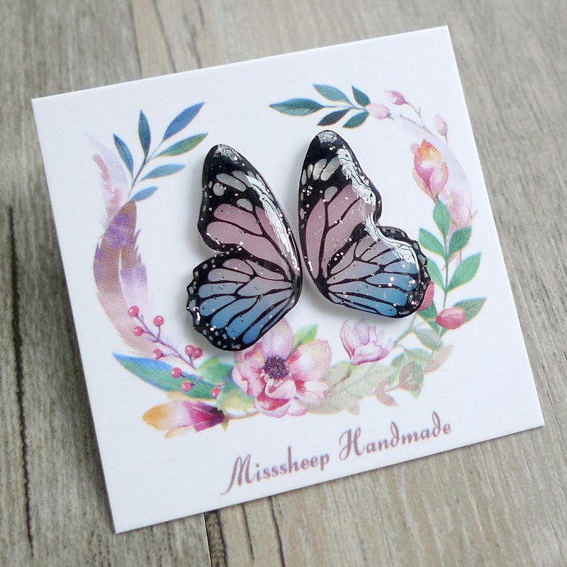 Misssheep-BW10-Butterfly Wings Series - Blue Pink Handmade Earrings (Auricular / Transparent Ear Clips) - Earrings & Clip-ons - Plastic Pink