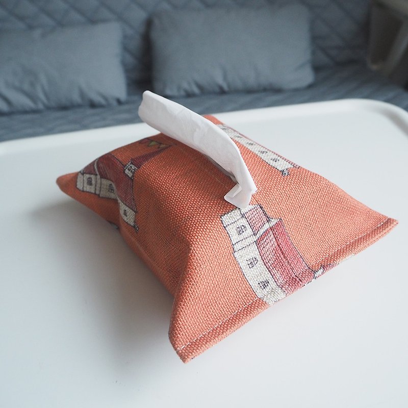 Small house orange handmade face carton tissue box paper towel bag - กล่องทิชชู่ - ผ้าฝ้าย/ผ้าลินิน สีส้ม