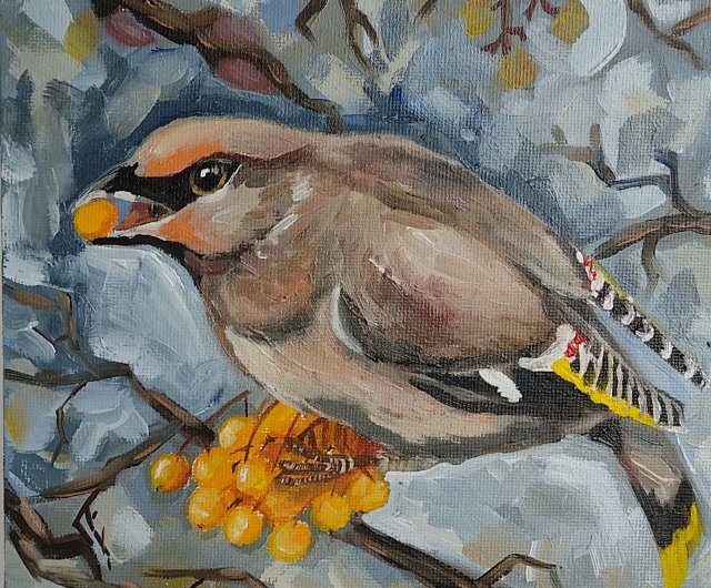 ワックスウィングの絵画アートワークオリジナルの油絵鳥ポートレート