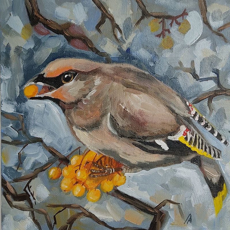 Waxwing painting artwork original oil art bird portrate - โปสเตอร์ - วัสดุอื่นๆ สีเทา