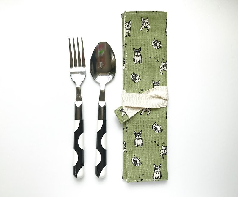 Cutlery Bag  French Bulldog Green ECO - อื่นๆ - ผ้าฝ้าย/ผ้าลินิน สีเขียว