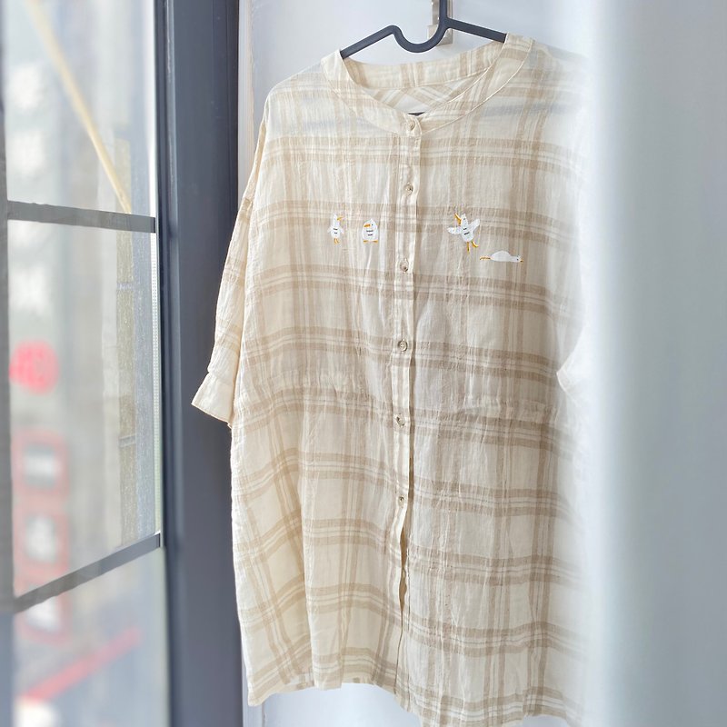 Happy Duck Duck / Check Washed Collarless Shirt / Two Wear - Women's Shirts - Cotton & Hemp Khaki