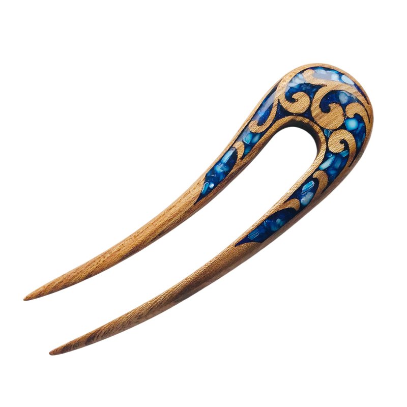 Hair clip, hair pin, carved wooden hair fork with blue stones, gift for her - Hair Accessories - Wood Blue