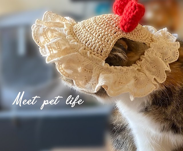 リボンレース麦わら帽子 | ペットスカーフセット犬猫スカーフ大きな