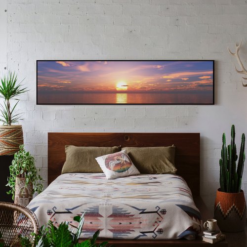 海に沈む夕日-夕方の海面風景写真の吊り下げ絵/寝室のベッド